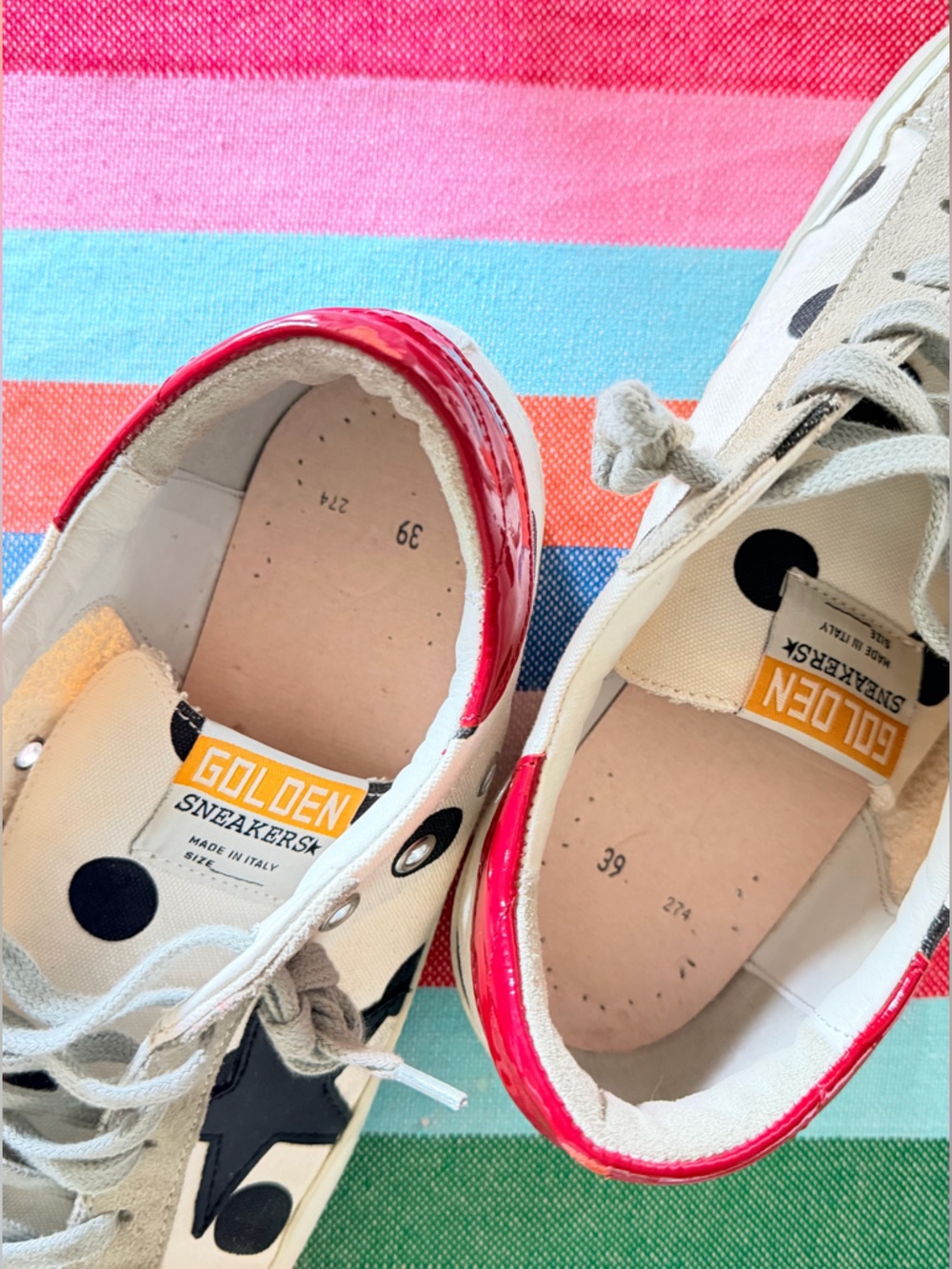 Golden Goose White Polka Dot Sneakers with Black Star and Red Heel - Picture 15 of 16